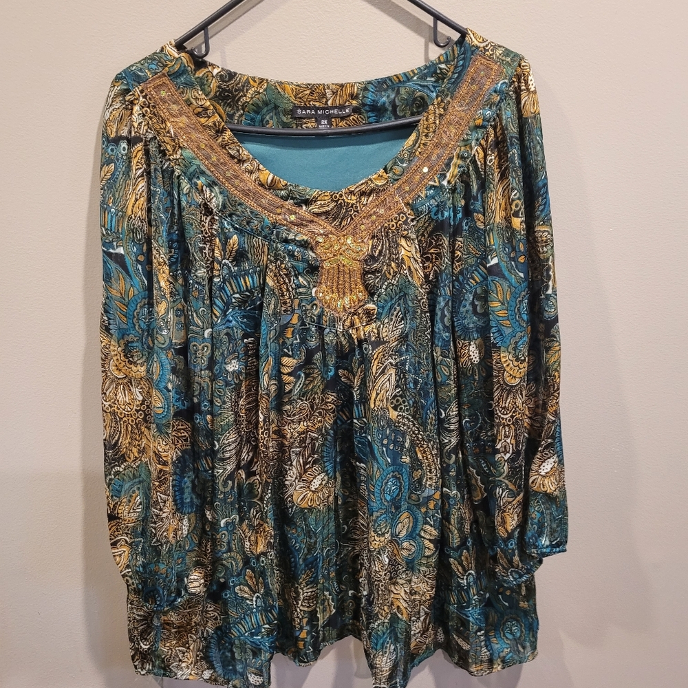 🔥$5 if bundled🔥 SARA MICHELLE Blue Gold Women's Top Size 2xl